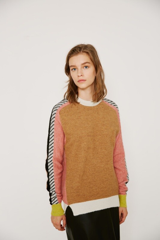 Tan Sweater with Black & Rose Striped Sleeve Tan Sweater with Black & Rose Striped Sleeve