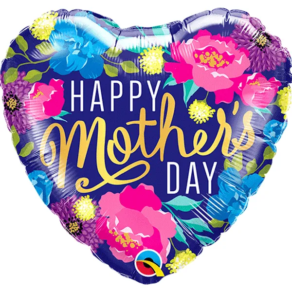 HAPPY MOTHER&#39;S DAY 18&quot; HEART SHAPED FOIL BALLOON WITH MULTI COLOURED PEONIES DESIGN.