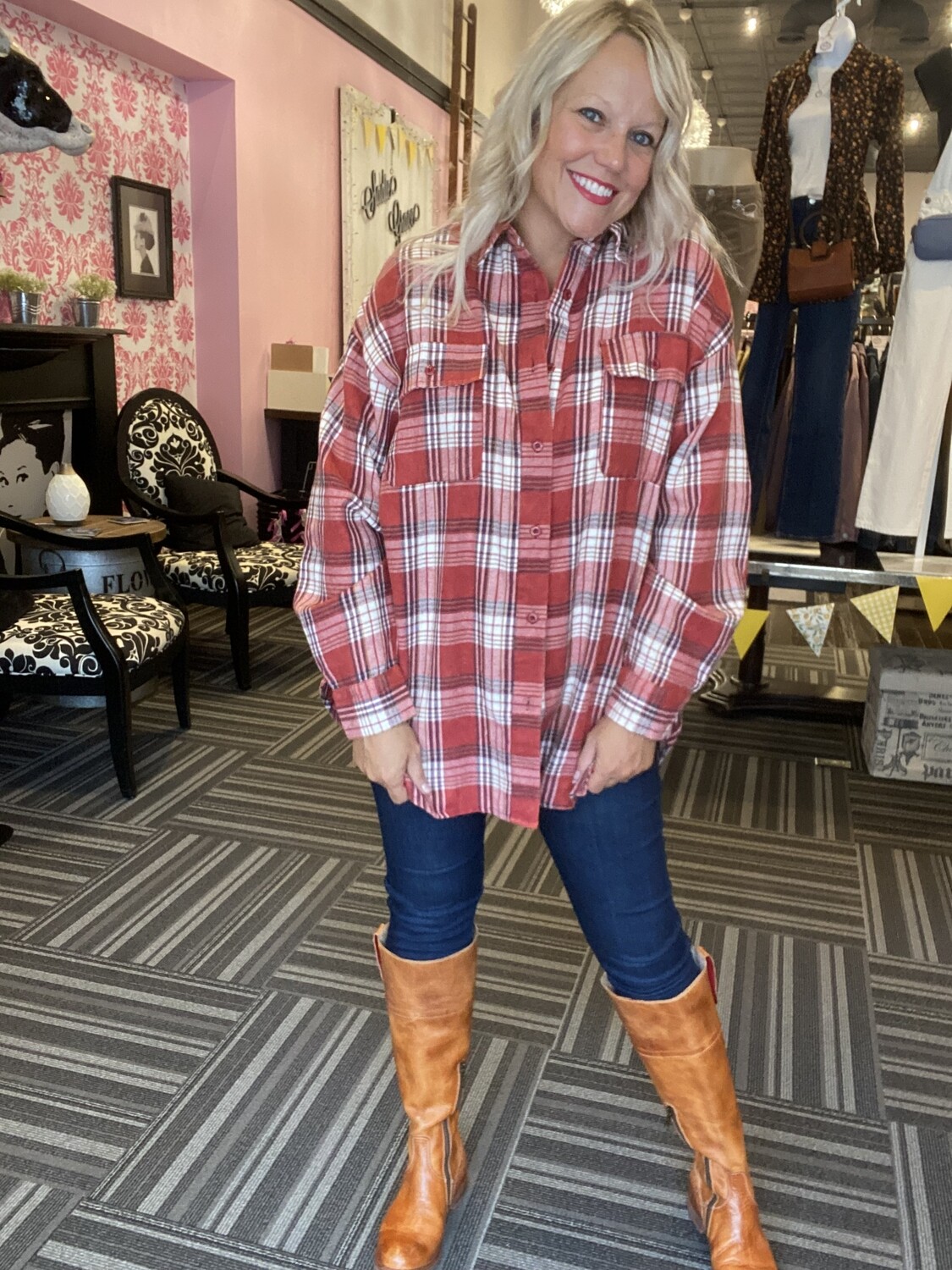 PLAID BUTTON RED
