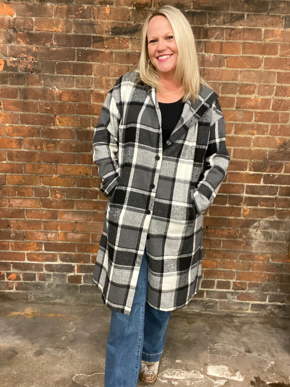 Long Plaid Hooded Shacket