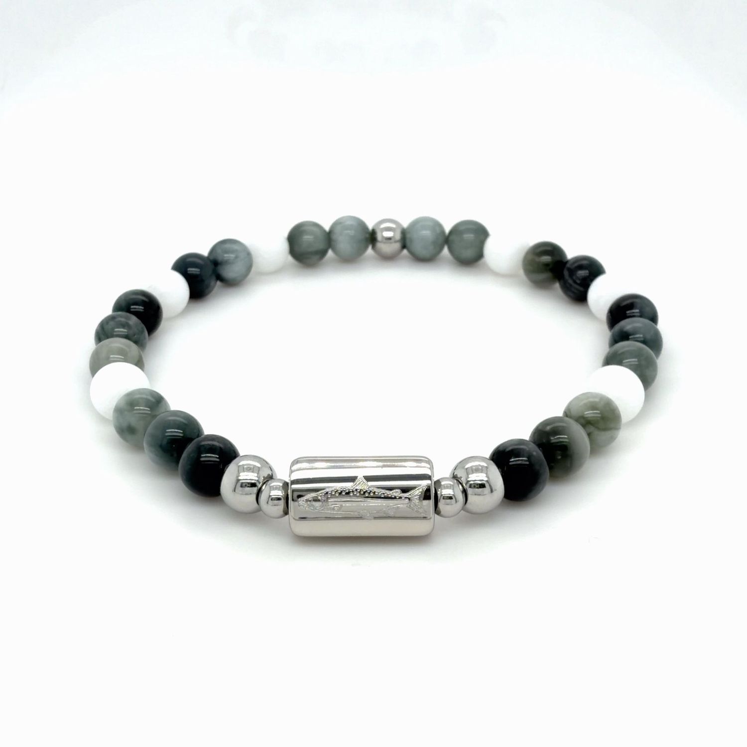 Lachs, Falkenauge, Jade, 6mm, Edelstahl poliert