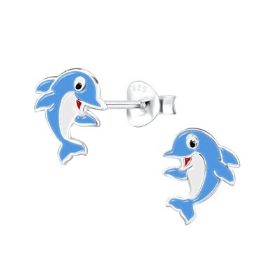 Janusch Ohrstecker Delphin blau lachend 925 Silber