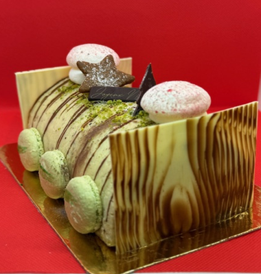Pistachio Chibouste with a dark chocolate Centre Christmas log - 6 portions Pistachio Chibouste with a dark chocolate Centre Christmas log - 6 portions