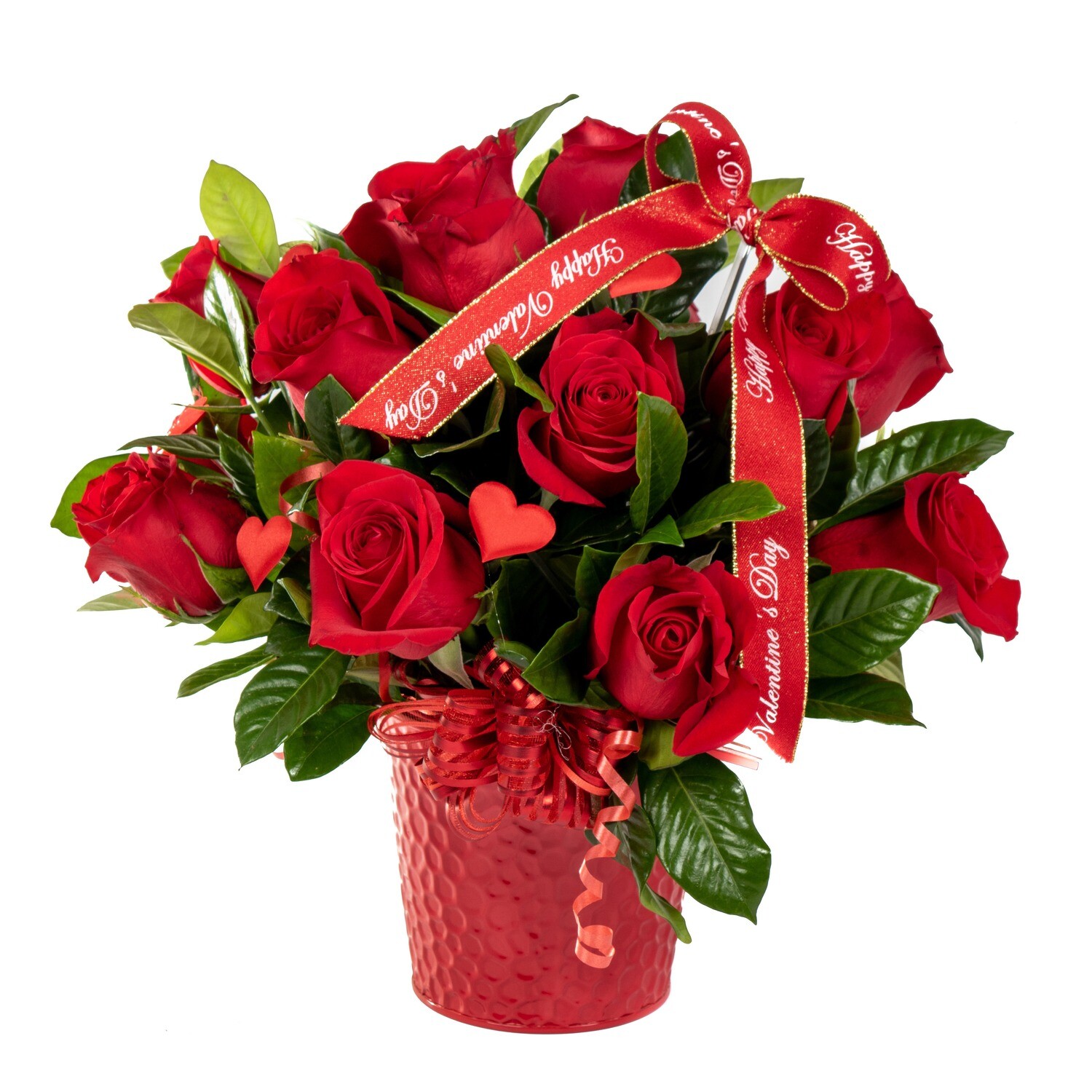 Maille Arreglo con rosas en balde de metal