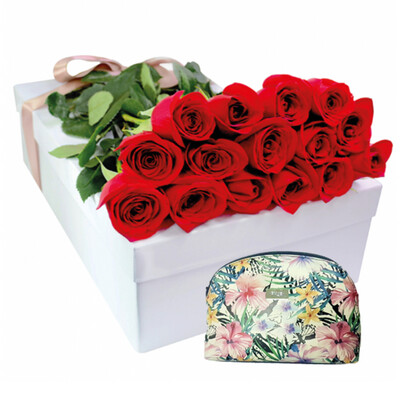 Caja 12 Rosas Rojas + Regalo Monedero Cuero
