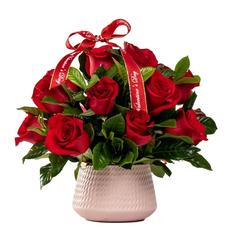 Amy Arreglo de 18 rosas rojas en base cerámica rosada