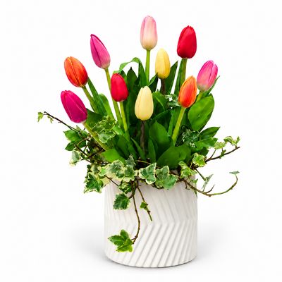 Romantic Arrangement of Premium Spray Roses Multicolor Tulip Arrangement