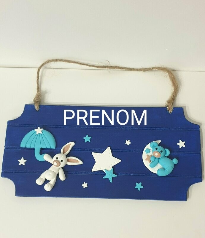 Plaque de porte bleue nuit lapin
