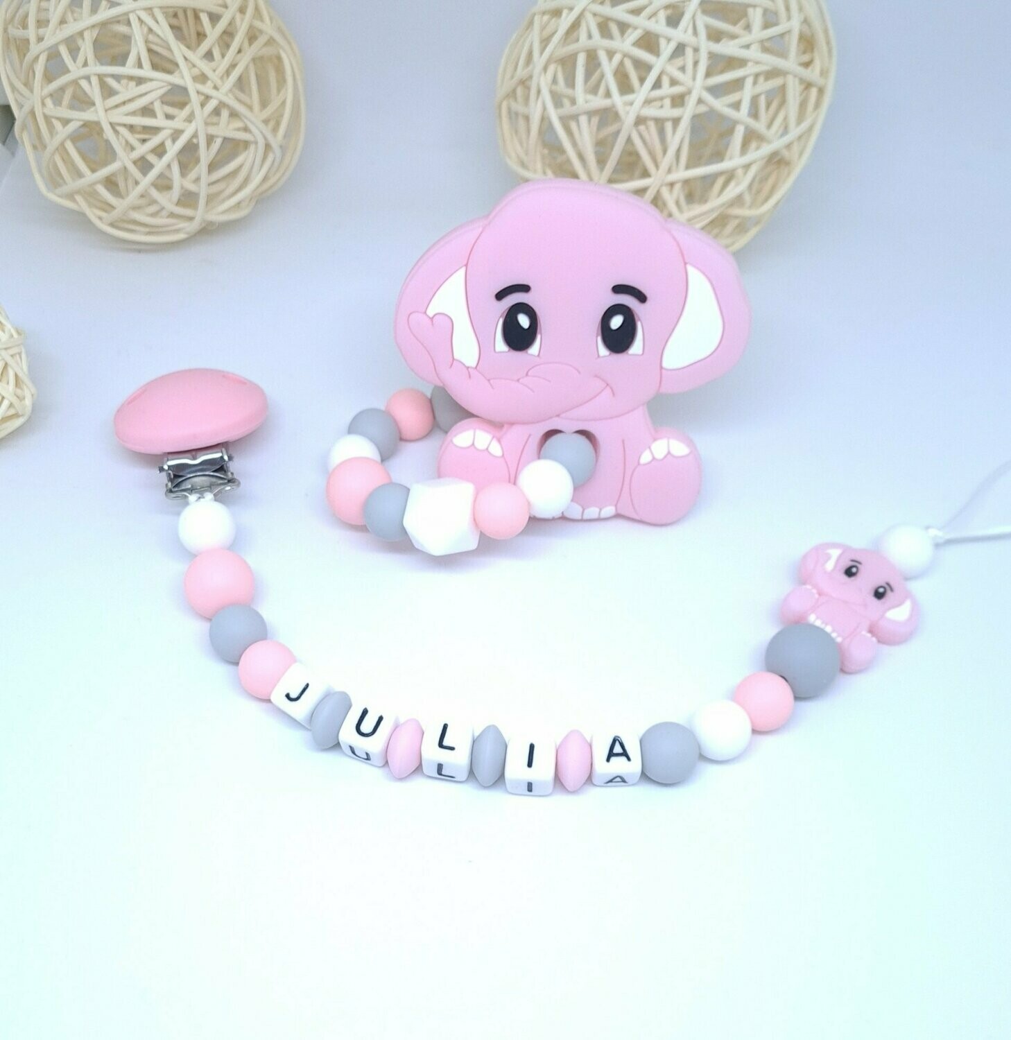 Ensemble Anneau de dentition + attache tétine éléphant rose