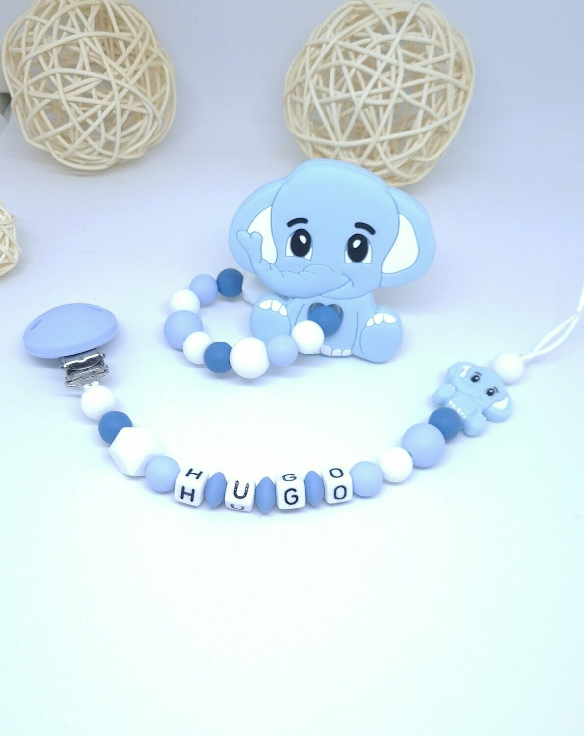 Ensemble Anneau de dentition + attache tétine éléphant bleu