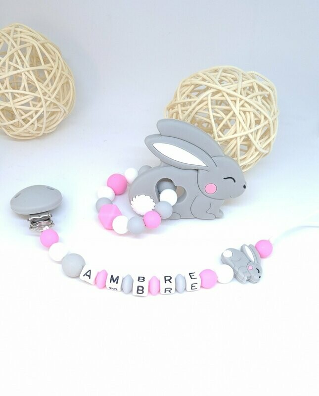 Ensemble Anneau de dentition + attache tétine lapin gris rose