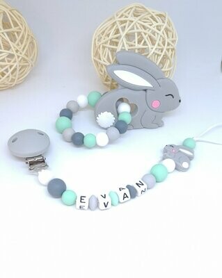 Ensemble Anneau de dentition + attache tétine lapin gris vert