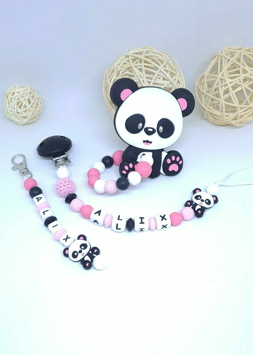 Ensemble 3 pièces : Anneau de dentition + attache tétine + porte clefs   PANDA Rose
