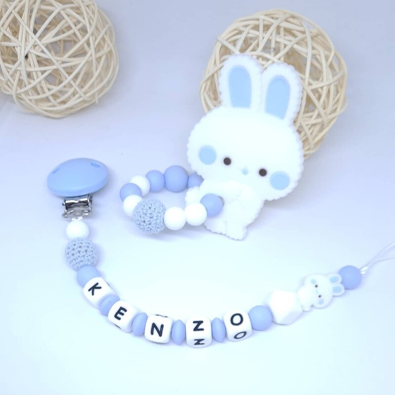 Ensemble Anneau de dentition + attache tétine assortie lapin bleu
