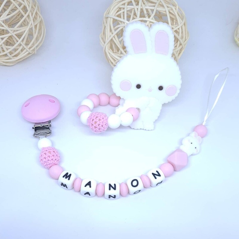 Ensemble Anneau de dentition + attache tétine assortie lapin rose