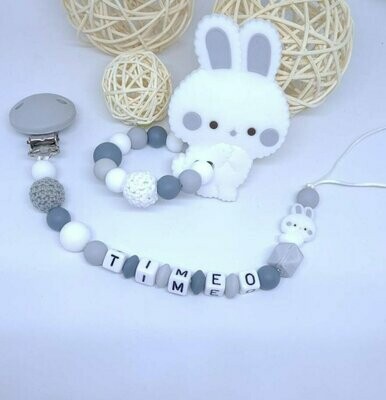 Ensemble Anneau de dentition + attache tétine assortie lapin gris