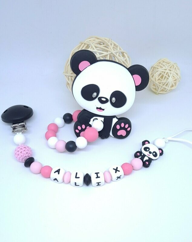 Ensemble Anneau de dentition + attache tétine assortie PANDA rose