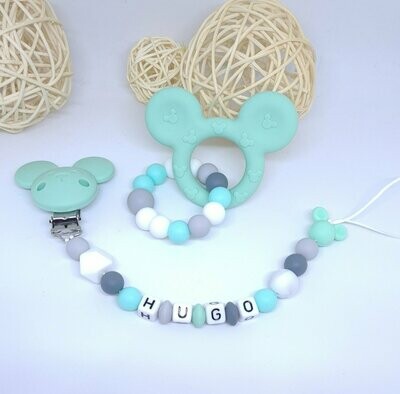 Ensemble Anneau de dentition + attache tétine assortie MICKEY