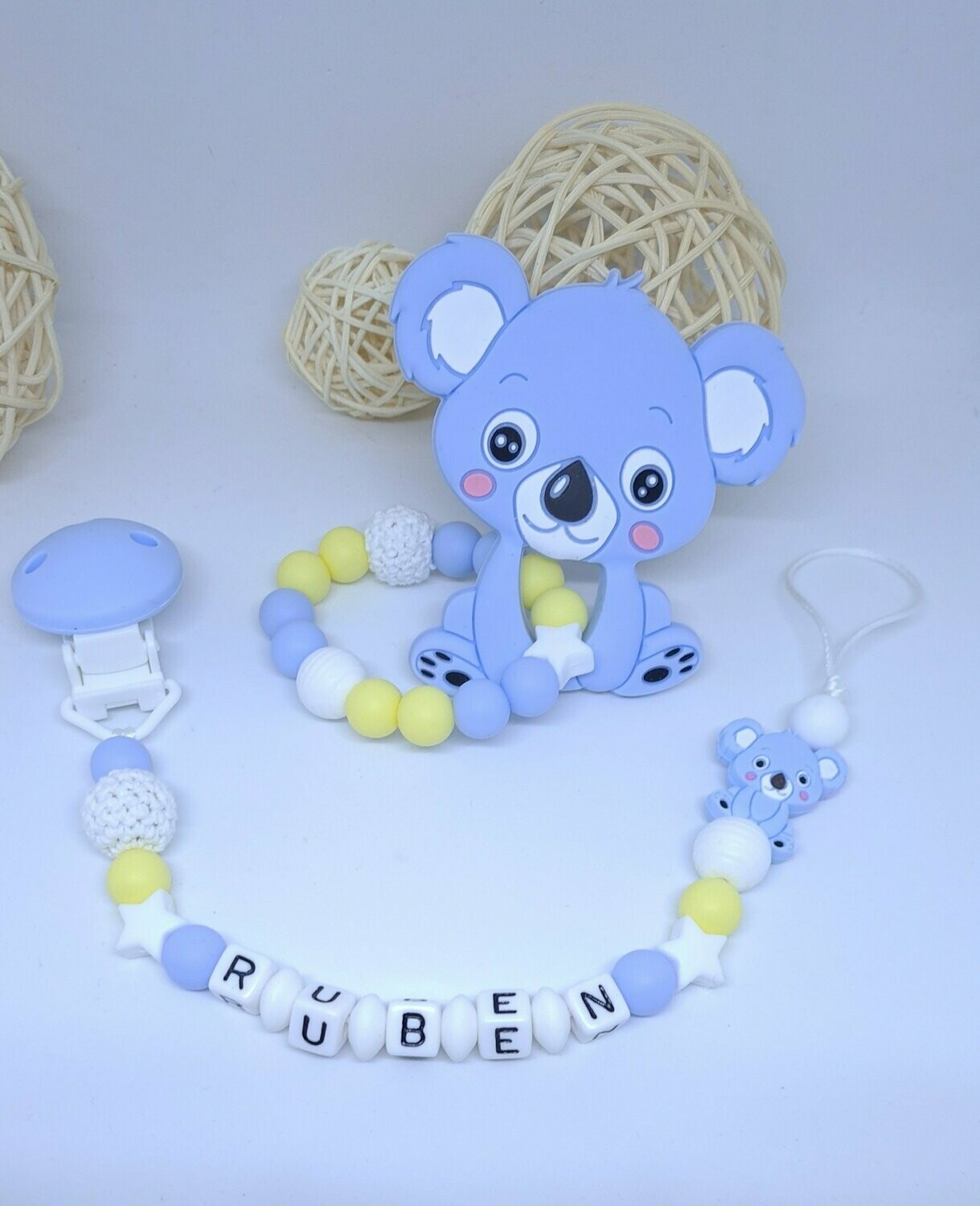 Ensemble Anneau de dentition + attache tétine assortie KOALA