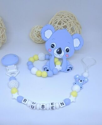Ensemble Anneau de dentition + attache tétine assortie KOALA