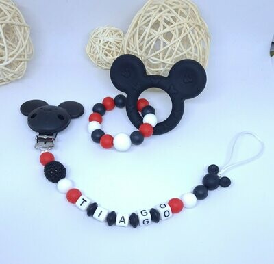 Ensemble Anneau de dentition + attache tétine assortie MICKEY