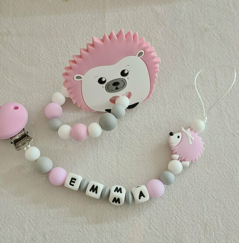 Ensemble Anneau de dentition + attache tétine assortie HERISSON rose