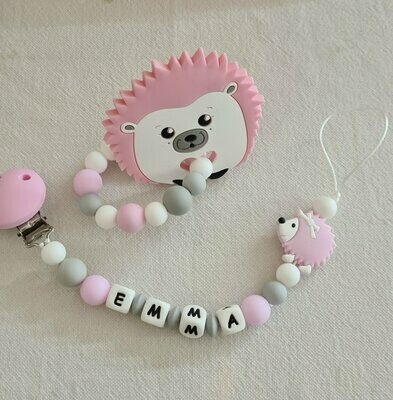 Ensemble Anneau de dentition + attache tétine assortie HERISSON rose