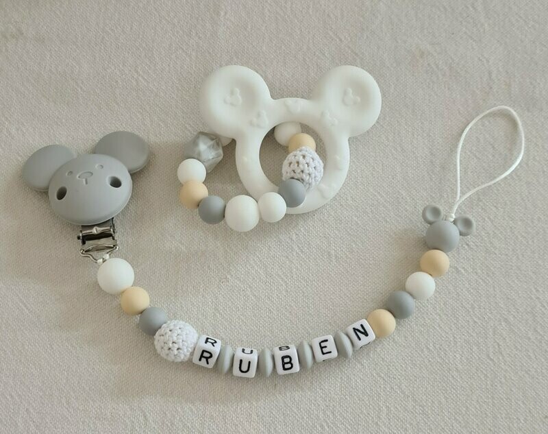 Ensemble Anneau de dentition + attache tétine assortie MICKEY gris blanc