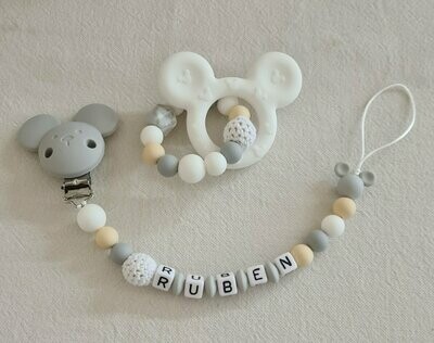 Ensemble Anneau de dentition + attache tétine assortie MICKEY gris blanc