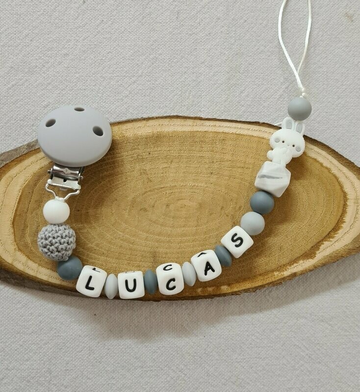 Attache tétine lapin gris blanc