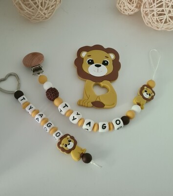 Ensemble Anneau de dentition + attache tétine + porte clefs   LION