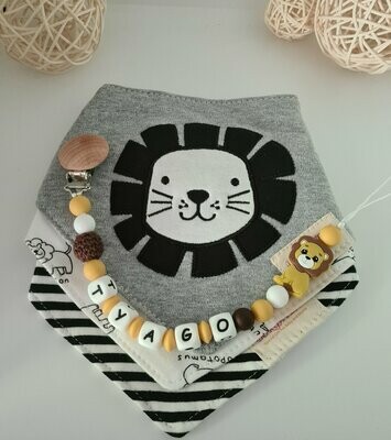 Ensemble attache tétine + 3 bavoirs bandana LION