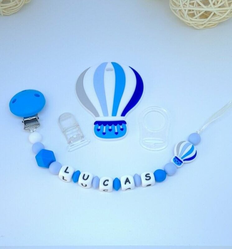 Ensemble Anneau de dentition + attache tétine assortie MONTGOLFIERE bleu