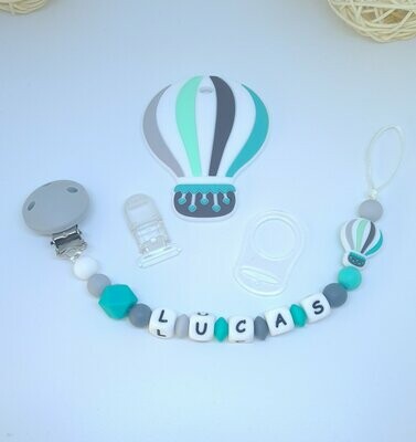 Ensemble Anneau de dentition + attache tétine assortie MONTGOLFIERE bleu vert