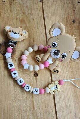 Ensemble Anneau de dentition + attache tétine assortie OURS