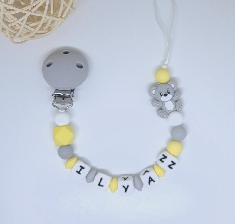 Attache tétine OURSON / OURS gris jaune