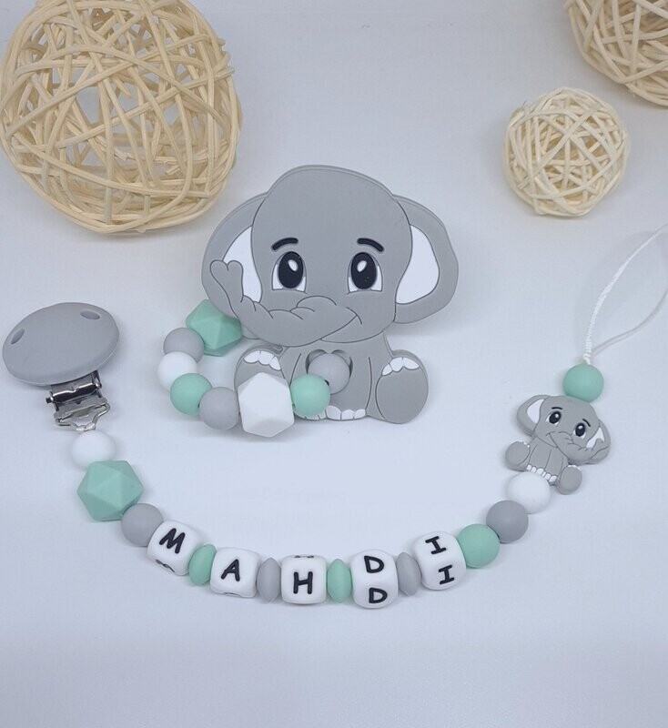 Ensemble Anneau de dentition + attache tétine assortie ELEPHANT