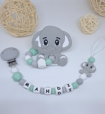 Ensemble Anneau de dentition + attache tétine assortie ELEPHANT