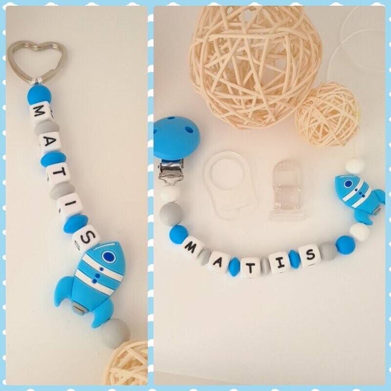Attache tétine + porte-clefs assorti FUSEE bleu