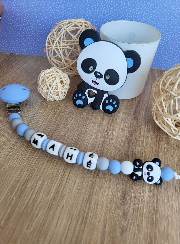Ensemble Anneau de dentition + attache tétine assortie PANDA bleu