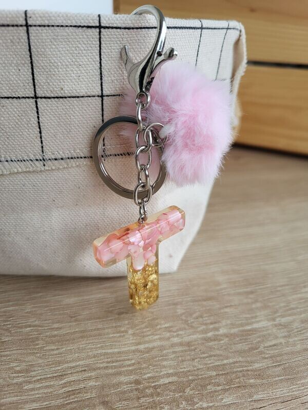 Porte-clés lettre T rose et or
