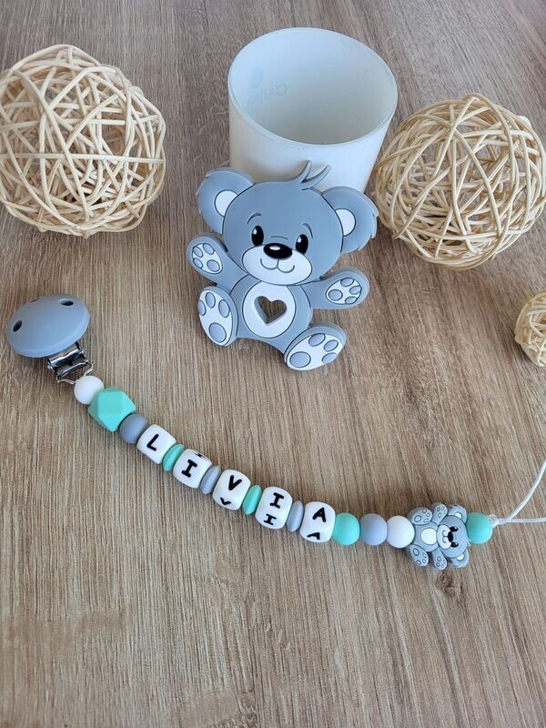 Ensemble Anneau de dentition + attache tétine assortie OURS / OURSON gris