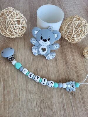 Ensemble Anneau de dentition + attache tétine assortie OURS / OURSON gris