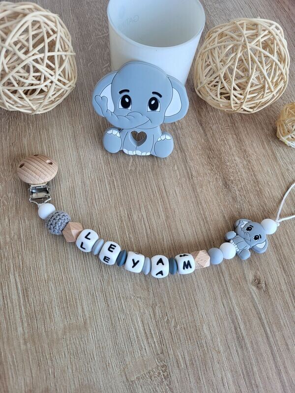 Ensemble Anneau de dentition + attache tétine assortie ELEPHANT GRIS