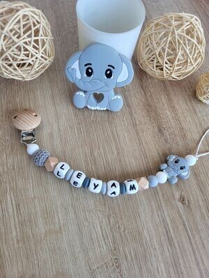 Ensemble Anneau de dentition + attache tétine assortie ELEPHANT GRIS