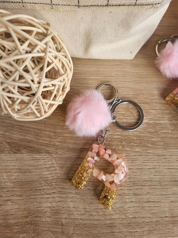 Porte-clés lettre R rose et or