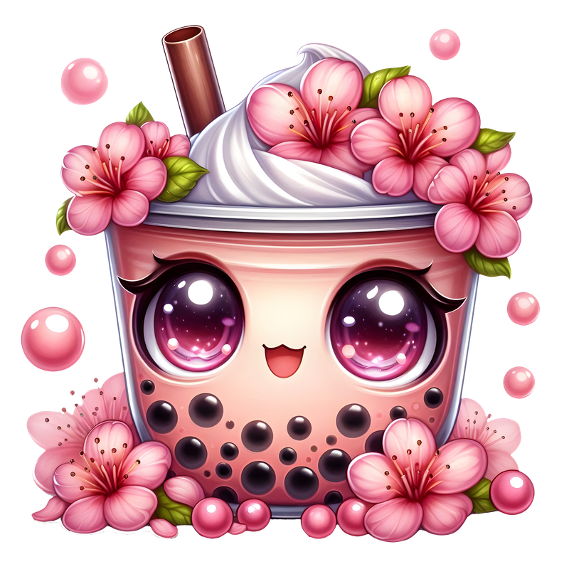 Boba tea fleurs roses