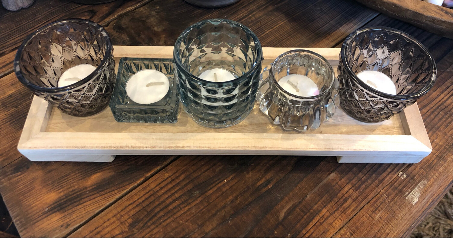 Wood Tray w/ Green Votives 