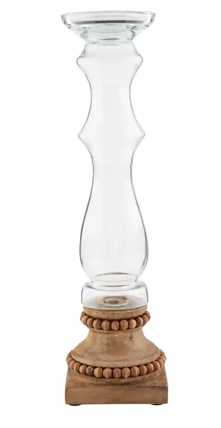 Tall Glass and Wood Candle Holder
