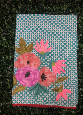 Pink Floral with Blue Background Tea Towel